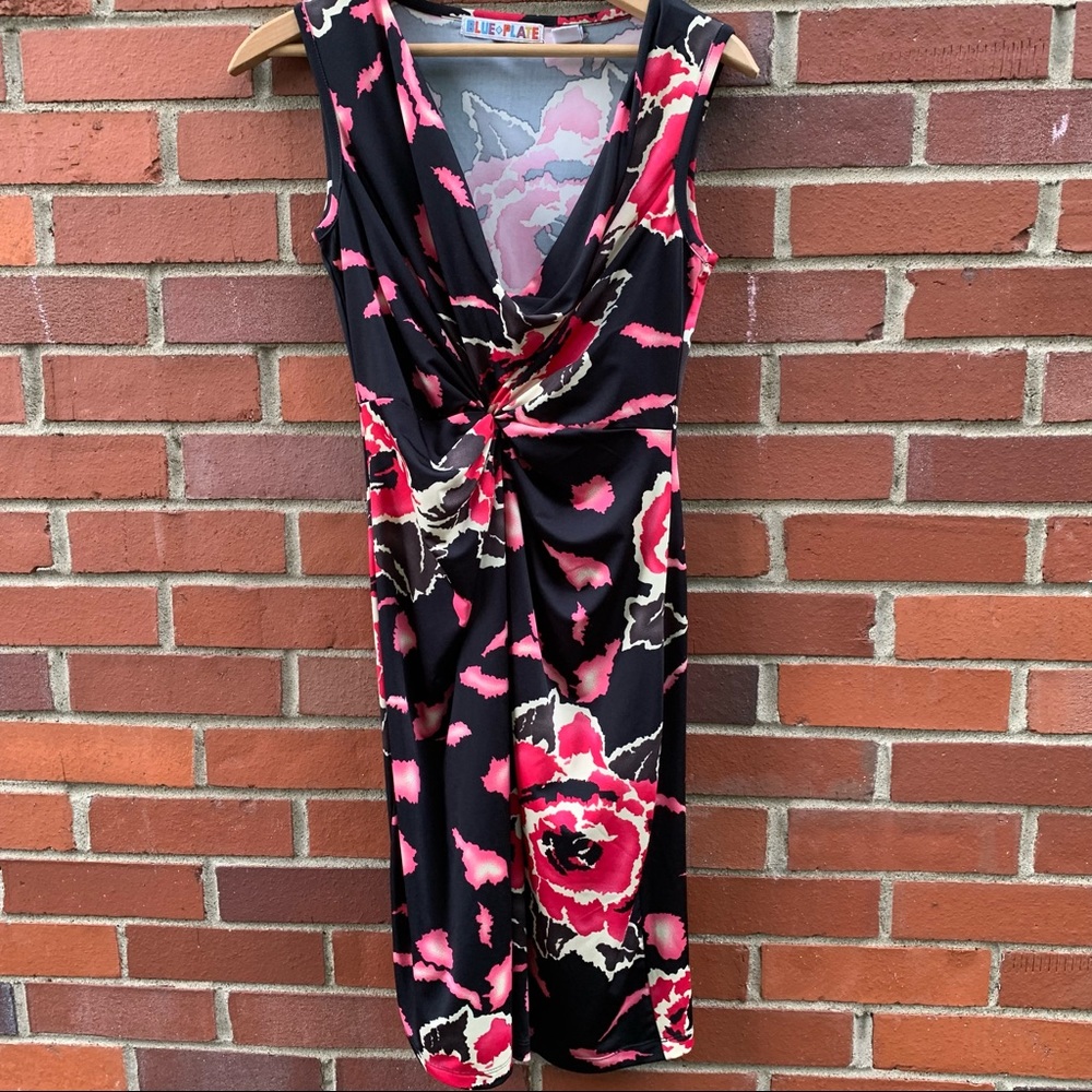 Blue Plate body con black with pink white floral sleeveless faux wrap dress- M